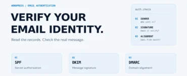 SPF server authorization, DKIM signatures, and DMARC alignment on a light background.