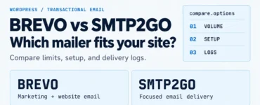 Light comparison graphic for Brevo and SMTP2GO showing email volume, setup, and delivery logs.
