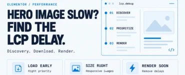 Light illustration showing the discover, prioritize, and render stages of an Elementor hero image.