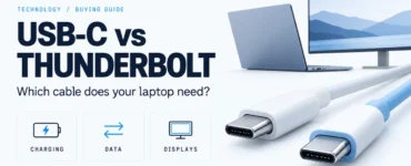 USB-C connectors beside a laptop and monitor on a light background, with charging, data, and display labels.