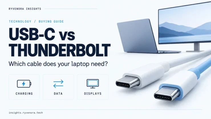 USB-C connectors beside a laptop and monitor on a light background, with charging, data, and display labels.