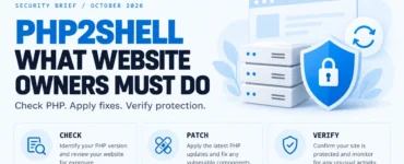 Light PHP2Shell security illustration with a server, shield, and check, patch, verify steps.
