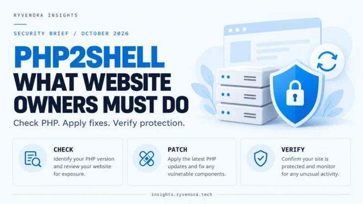 Light PHP2Shell security illustration with a server, shield, and check, patch, verify steps.