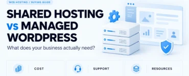 Light illustration of hosting servers and a WordPress dashboard with cost, support, and resources labels.