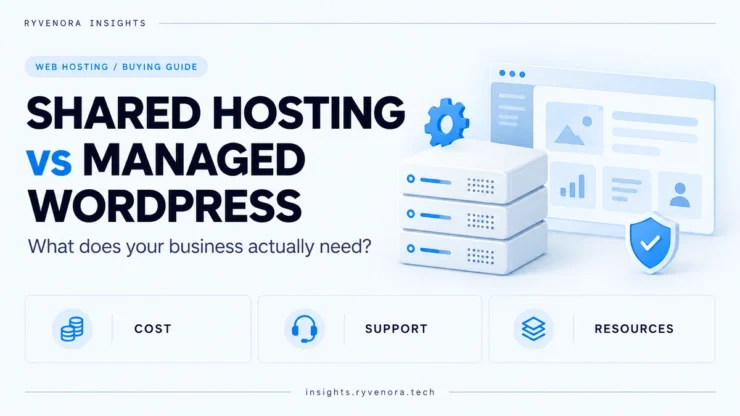 Light illustration of hosting servers and a WordPress dashboard with cost, support, and resources labels.