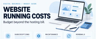 Light website budgeting illustration with a laptop, notebook, calculator, and subscription, maintenance, and renewal labels.