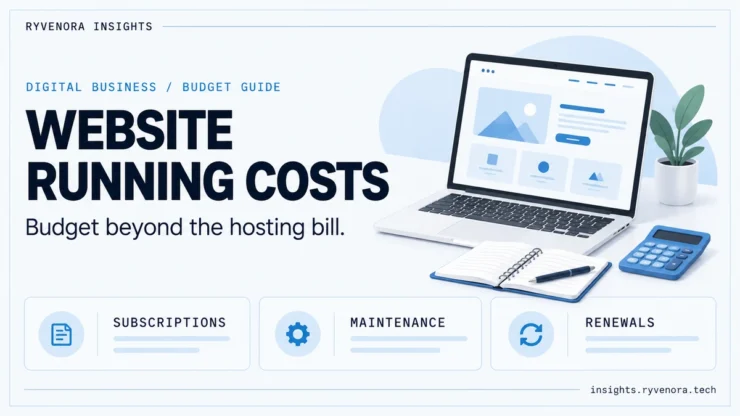 Light website budgeting illustration with a laptop, notebook, calculator, and subscription, maintenance, and renewal labels.