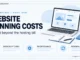 Light website budgeting illustration with a laptop, notebook, calculator, and subscription, maintenance, and renewal labels.