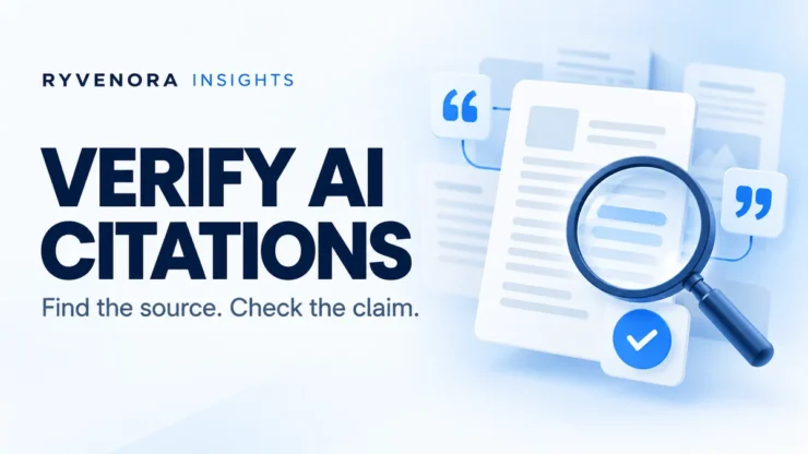 Light blue Ryvenora Insights cover reading Verify AI Citations, with research documents, quotation marks, and a magnifying glass.