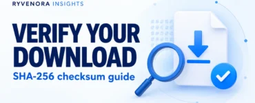 Ryvenora Insights light cover reading Verify Your Download and SHA-256 checksum guide, with a file, magnifying glass, and blue check badge.