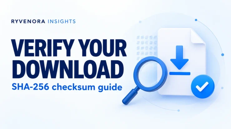 Ryvenora Insights light cover reading Verify Your Download and SHA-256 checksum guide, with a file, magnifying glass, and blue check badge.