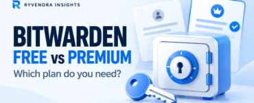 Light Ryvenora Insights cover reading Bitwarden Free vs Premium, with a conceptual password vault, key, and two plan cards.
