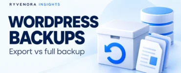 Light Ryvenora Insights cover reading WordPress Backups and Export vs full backup, with an archive box, restore arrow, database, and documents.