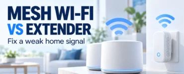 Ryvenora Insights cover reading Mesh Wi-Fi vs Extender and Fix a weak home signal, with illustrated white mesh pods and a plug-in extender on a light blue background.