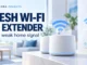 Ryvenora Insights cover reading Mesh Wi-Fi vs Extender and Fix a weak home signal, with illustrated white mesh pods and a plug-in extender on a light blue background.