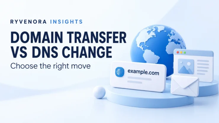 Light Ryvenora Insights cover reading Domain Transfer vs DNS Change and Choose the right move, with a globe, fictional example.com card, website illustration, and envelope.