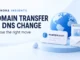 Light Ryvenora Insights cover reading Domain Transfer vs DNS Change and Choose the right move, with a globe, fictional example.com card, website illustration, and envelope.