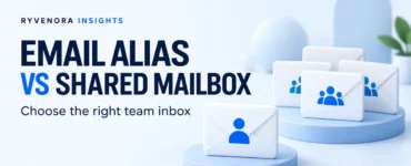 Light Ryvenora Insights cover reading Email Alias vs Shared Mailbox and Choose the right team inbox, with white envelopes bearing blue individual and team icons.