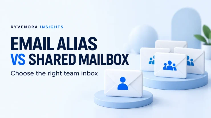 Light Ryvenora Insights cover reading Email Alias vs Shared Mailbox and Choose the right team inbox, with white envelopes bearing blue individual and team icons.