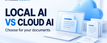 Light Ryvenora Insights cover reading Local AI vs Cloud AI and Choose for your documents, with an illustrated laptop, blue cloud, and document cards.