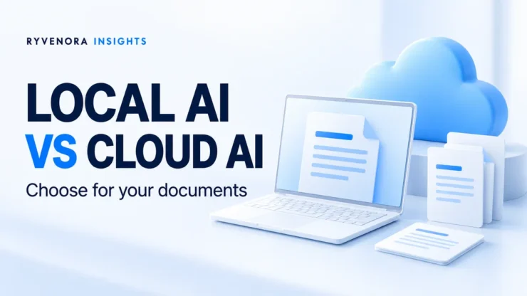 Light Ryvenora Insights cover reading Local AI vs Cloud AI and Choose for your documents, with an illustrated laptop, blue cloud, and document cards.
