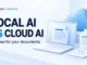 Light Ryvenora Insights cover reading Local AI vs Cloud AI and Choose for your documents, with an illustrated laptop, blue cloud, and document cards.