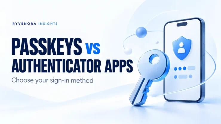 Passkeys vs Authenticator Apps cover with a blue key, stylized phone, and Ryvenora Insights branding on a pale background.