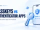 Passkeys vs Authenticator Apps cover with a blue key, stylized phone, and Ryvenora Insights branding on a pale background.
