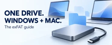 Illustrated external drive and two laptops on a pale blue background, with Windows and Mac exFAT guide text and Ryvenora Insights branding.