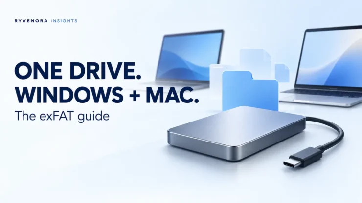 Illustrated external drive and two laptops on a pale blue background, with Windows and Mac exFAT guide text and Ryvenora Insights branding.