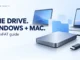 Illustrated external drive and two laptops on a pale blue background, with Windows and Mac exFAT guide text and Ryvenora Insights branding.