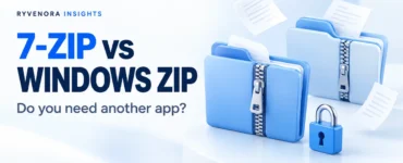 7-Zip vs Windows ZIP cover with blue zippered folders, paper sheets, a padlock, and Ryvenora Insights branding on a pale background.