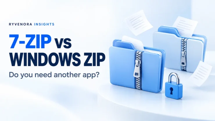 7-Zip vs Windows ZIP cover with blue zippered folders, paper sheets, a padlock, and Ryvenora Insights branding on a pale background.