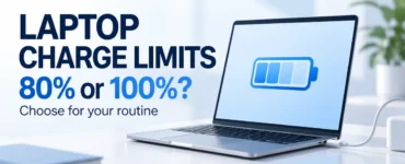Laptop charge limits cover showing a silver laptop, blue battery symbol, 80% or 100% text, and Ryvenora Insights branding on a pale background.