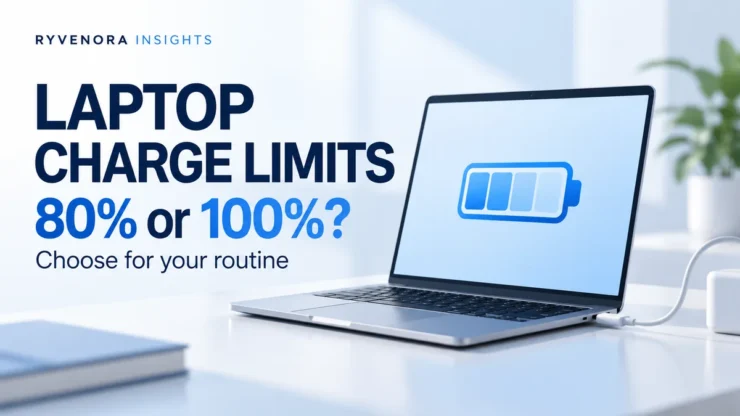 Laptop charge limits cover showing a silver laptop, blue battery symbol, 80% or 100% text, and Ryvenora Insights branding on a pale background.