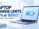 Laptop charge limits cover showing a silver laptop, blue battery symbol, 80% or 100% text, and Ryvenora Insights branding on a pale background.