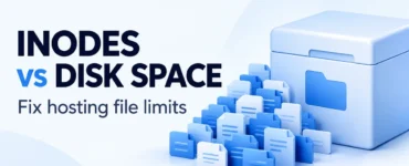 Ryvenora Insights cover reading Inodes vs Disk Space, with blue file cards beside a pale storage box on a light background.