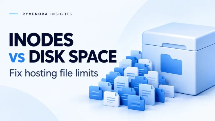 Ryvenora Insights cover reading Inodes vs Disk Space, with blue file cards beside a pale storage box on a light background.