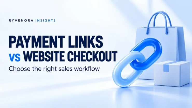 Ryvenora Insights cover reading Payment Links vs Website Checkout, with a blue chain link, shopping bag, and parcel on a pale background.