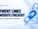 Ryvenora Insights cover reading Payment Links vs Website Checkout, with a blue chain link, shopping bag, and parcel on a pale background.