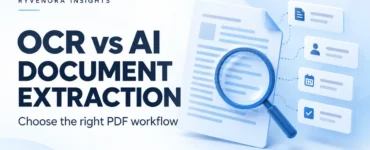 Ryvenora Insights cover reading OCR vs AI Document Extraction, with a magnifying glass over a document and abstract data cards on a light background.