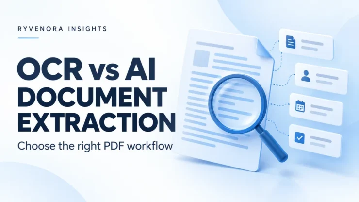 Ryvenora Insights cover reading OCR vs AI Document Extraction, with a magnifying glass over a document and abstract data cards on a light background.