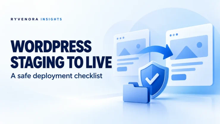 Ryvenora Insights cover reading WordPress Staging to Live, with two abstract website cards, a blue arrow, shield, and folder on a light background.