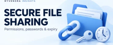 Ryvenora Insights cover reading Secure File Sharing, with a blue folder, chain link, key, and clock on a pale background.