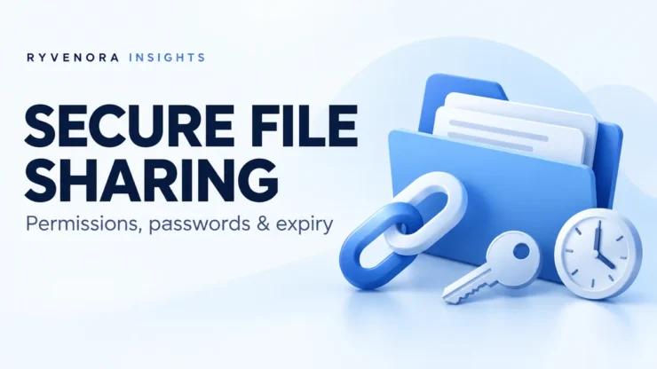 Ryvenora Insights cover reading Secure File Sharing, with a blue folder, chain link, key, and clock on a pale background.