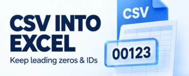 Ryvenora Insights cover reading CSV into Excel and Keep leading zeros & IDs, with an abstract sheet and the fictional identifier 00123 on a light background.
