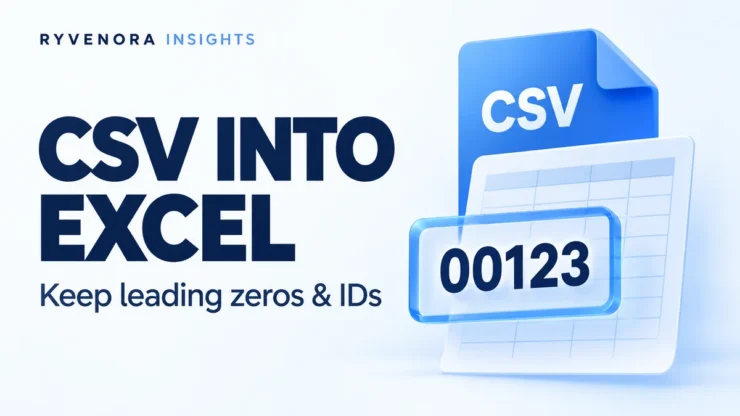 Ryvenora Insights cover reading CSV into Excel and Keep leading zeros & IDs, with an abstract sheet and the fictional identifier 00123 on a light background.