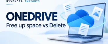 Ryvenora Insights cover reading OneDrive Free up space vs Delete, with a conceptual blue cloud, documents, and laptop on a light background.