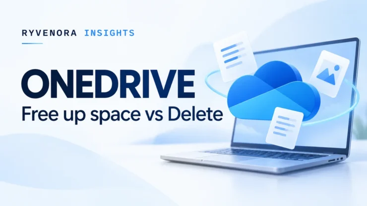 Ryvenora Insights cover reading OneDrive Free up space vs Delete, with a conceptual blue cloud, documents, and laptop on a light background.