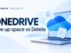 Ryvenora Insights cover reading OneDrive Free up space vs Delete, with a conceptual blue cloud, documents, and laptop on a light background.
